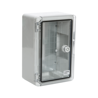 Cutie distributie IP65 din ABS gri, usa transparenta, placa metalica, 200x300x130 mm